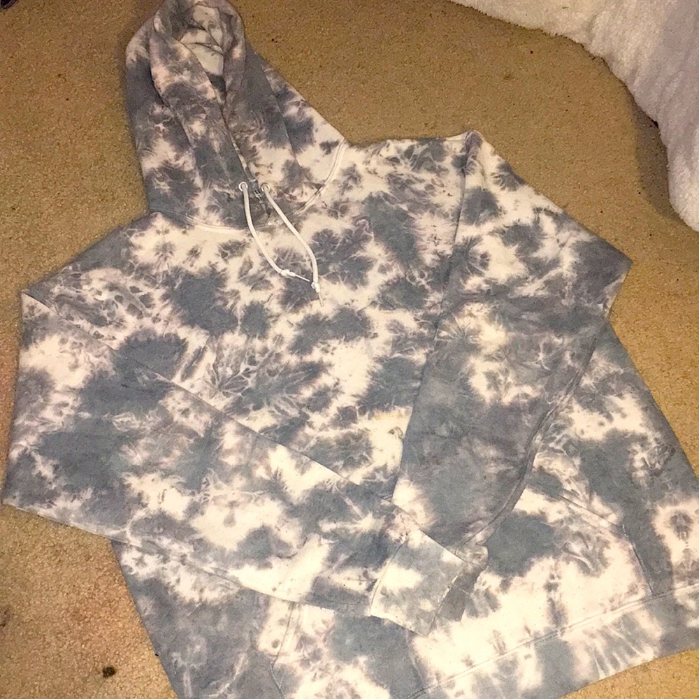 This is a grey/blue and white tie dye hoodie.